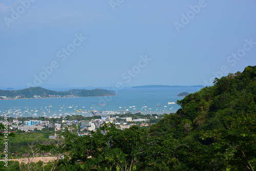 Phuket city view Looking from the top of the mountain See the community area Travel boats, islands and beautiful seas