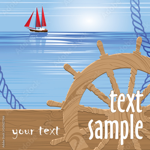 Marine background with a steering wheel and sailboat.