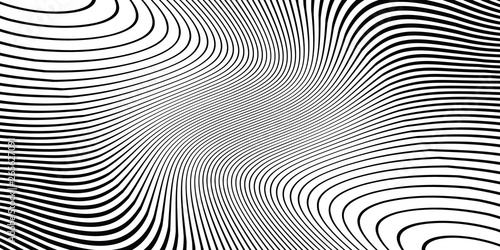 Wave monochrome background. Simple linear halftone  texture. Vector black   white background. Abstract dynamical rippled surface. Visual  3D effect. Illusion of movement.