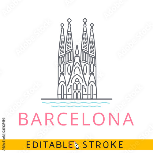 Barcelona, Spain, Temple of The Sagrada Familia. Easy editable stroke line icon.