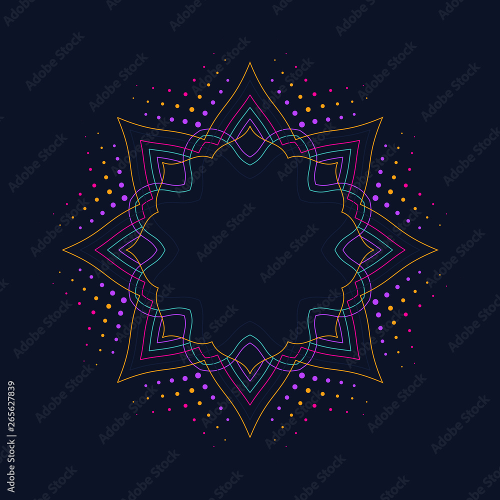 Neon lotus flower icon on dark blue background, logo design, modern print design, round decorative border frame, linear art pattern Neon lotus flower icon on dark blue background, logo design, modern print design, round decorative border frame, linear art pattern