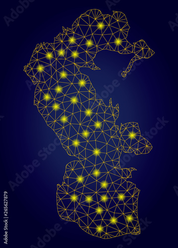 Yellow mesh vector Caspian Sea map with glow effect on a dark blue gradiented background. Abstract lines, light spots and spheric points form Caspian Sea map constellation.