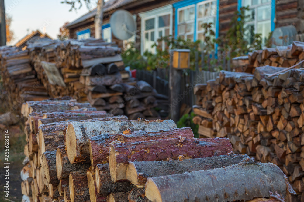 Stacks of Firewood. Preparation of firewood for the winter, Kozyriewsk, Russia Stacks of Firewood. Preparation of firewood for the winter, Kozyriewsk, Russia