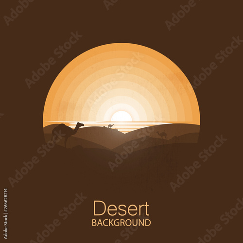 landscape desert, camels under sun .Negative space illustration