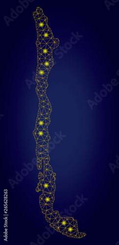 Yellow mesh vector Chile map with glare effect on a dark blue gradiented background. Abstract lines, light spots and circle dots form Chile map constellation.