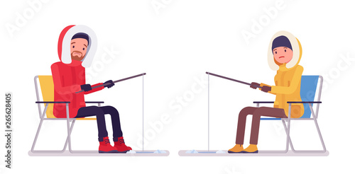 Winter hiking man, woman enjoy fishing outdoor. Male and female tourist with a rod, wearing jacket, professional footwear. Vector flat style cartoon illustration isolated on white background