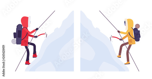 Winter hiking man, woman mountaineering. Male, female tourist with backpacking gear, wearing jacket with hood, professional footwear. Vector flat style cartoon illustration isolated, white background