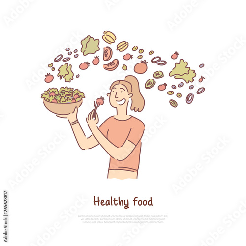 Healthy food, woman eating vegetables salad, vegetarian diet, vitamins and nutrition rich veggies banner