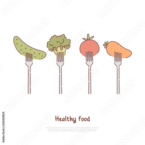 Healthy food, eating, raw and steamed vegetables, cucumber, broccoli, tomato, carrot on forks banner