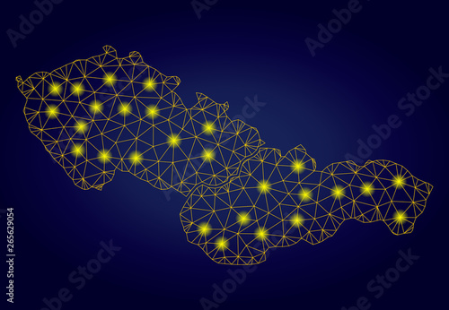 Yellow mesh vector Czechoslovakia map with glare effect on a dark blue gradiented background. Abstract lines, light spots and small circles form Czechoslovakia map constellation.