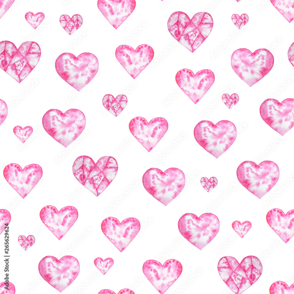 Watercolor pattern with hearts. Aquarelle romantic hand made background for fabric print. Hand painted
