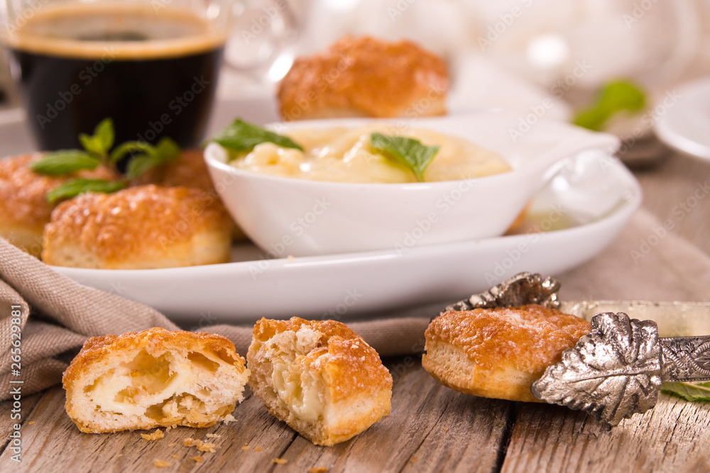 Puff pastries with custrad cream. Puff pastries with custrad cream.