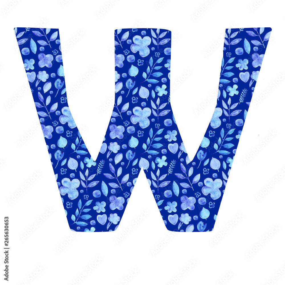 watercolor letter W with a pattern of flowers and leaves watercolor letter W with a pattern of flowers and leaves