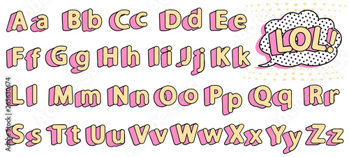 Set of cute lol doll alphabet. Yellow letters with pink shadow for little princess. Vector retro vintage typography . Font collection title or headline modern kids t-shirt design. Girlish sweet style
