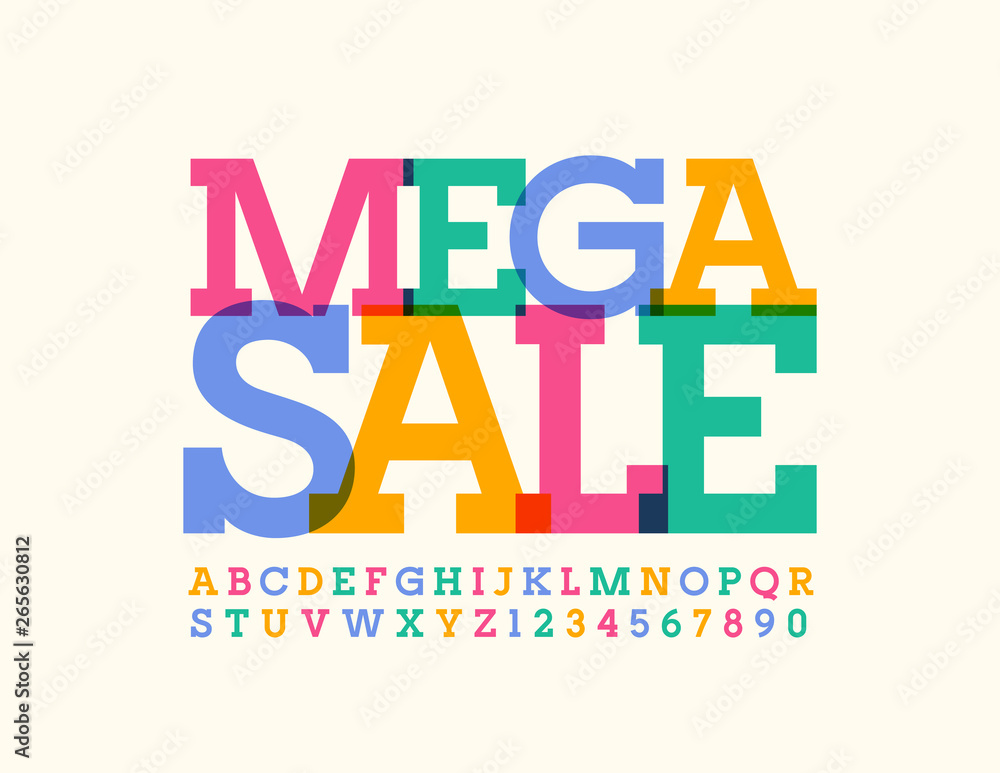 Vector Colorful Sign Mega Sale. Creative transparent Font. Bright Alphabet Letters, Numbers and Symbols.