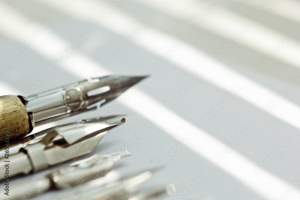 metal tips for the ink pen on a white background in solar rays. stationery on white desk close up top view. spelling lessons and caligraphy exercises. Template, layout, background. macro
