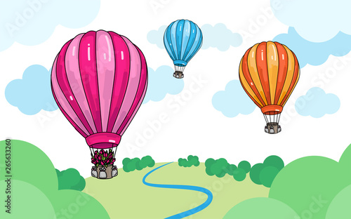 Colorful cartoon illustration of air hot balloons over the landscape