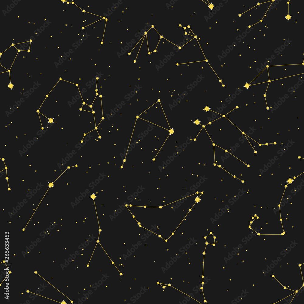 Seamless space pattern with different zodiac constellation and stars. Black background