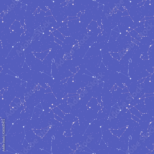 Seamless violet space background with 12 zodiacal constellation and stars - Vector