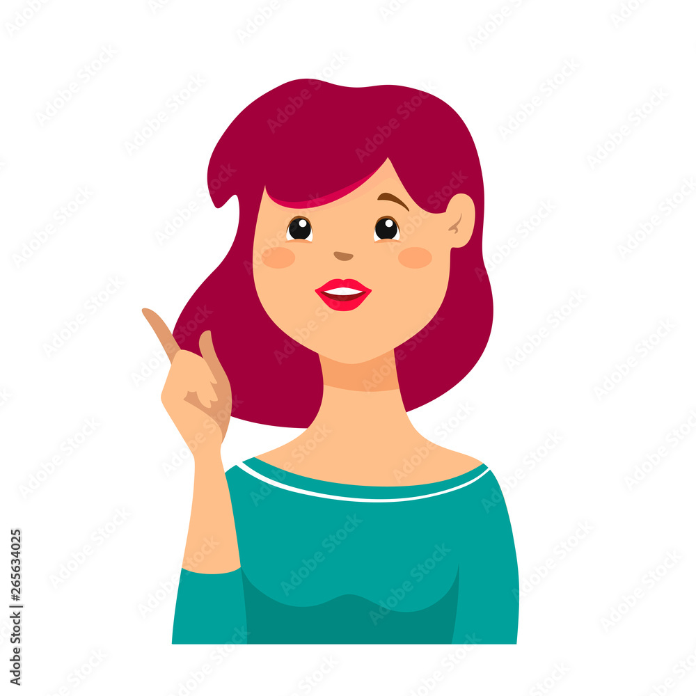 Closeup portrait of beautiful young smiling business woman, pointing with index finger upwards or one sign, isolated on white background. Positive thinking. Emotions, facial expression symbols. Vector Closeup portrait of beautiful young smiling business woman, pointing with index finger upwards or one sign, isolated on white background. Positive thinking. Emotions, facial expression symbols. Vector