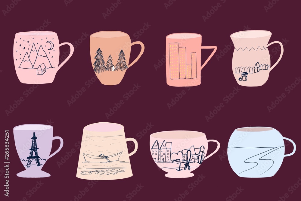 set of cups with landscapes set of cups with landscapes