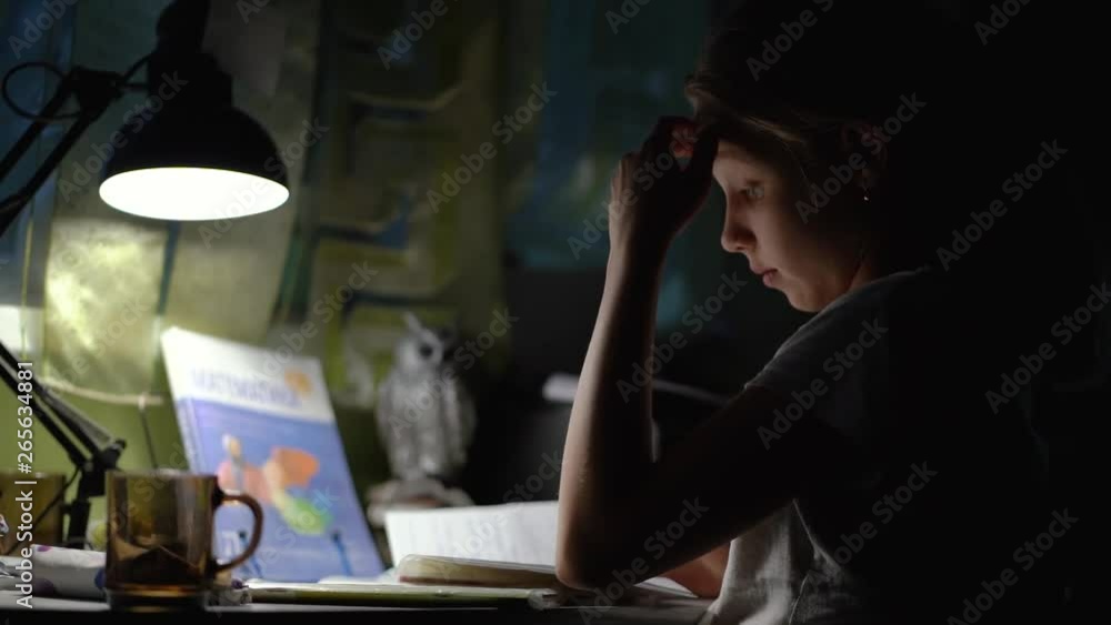 Girl Writing Homework in Night Internet Usage, Girl doing complicated math homework and drinking hot tea. Slow motion video Girl Writing Homework in Night Internet Usage, Girl doing complicated math homework and drinking hot tea. Slow motion video