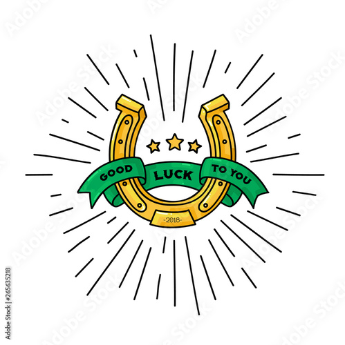 Good luck symbol, horseshoe vector illustration with ribbon for text
