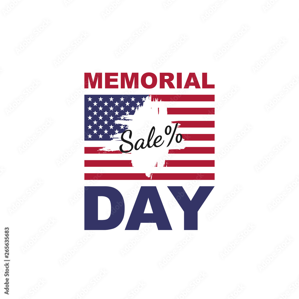 United States Happy Memorial Day Sale banner - Remember and honor. USA flag and hand drawn ink brush stripes on white background, Vector illustration.