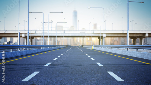 Day Road freeway travel concept route direction 3d render on city landscape