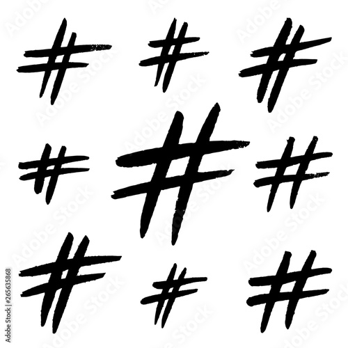Hand drawn hashtag signs isolated on white background. Trendy grunge communication sign for logo, blog, social network, internet application. Black Hashtag signs.
