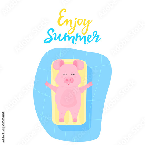 Enjoy summer. Cute pig on summer vacation swims and sunbathes on an inflatable water mattress in the pool. Funny animal. Piggy Cartoon Character.