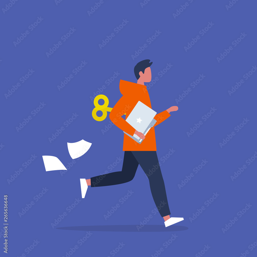 Young male active character running with a clockwork mechanism. Efficiency at work, conceptual illustration. Flat editable vector illustration, clip art Young male active character running with a clockwork mechanism. Efficiency at work, conceptual illustration. Flat editable vector illustration, clip art