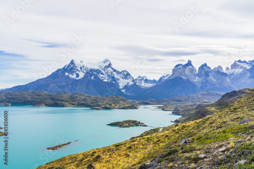 Beautiful panoramic view of golden grass and aqua blue Pehoe lake with small island with nature cuernos mountains peak with cloud in autumn, Torres del Paine national park, south Patagonia, Chile