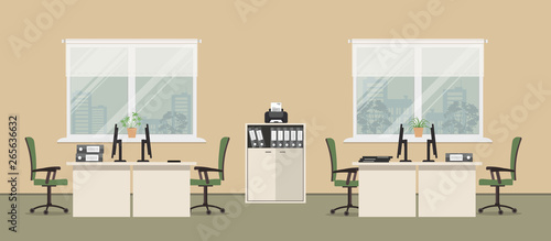 Office room in a beige color. There are tables, green chairs, a cabinet for documents, a printer and other objects in the picture. Vector flat illustration