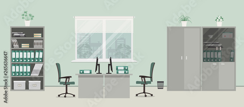 Office room in a gray color. There are desks, green chairs, cabinets for documents and other objects on a window background in the picture. Vector flat illustration