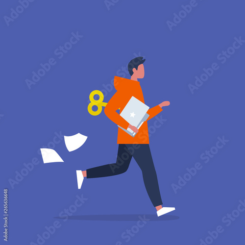 Young male active character running with a clockwork mechanism. Efficiency at work, conceptual illustration. Flat editable vector illustration, clip art