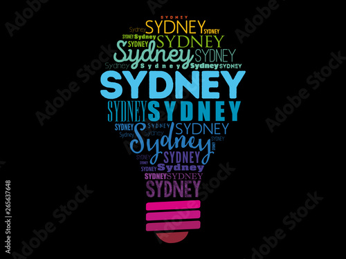 Sydney light bulb word cloud, travel concept background