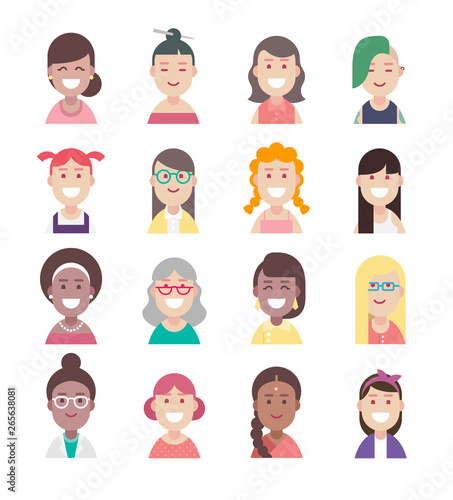 Diversity people avatar flat icon set, vector women characters