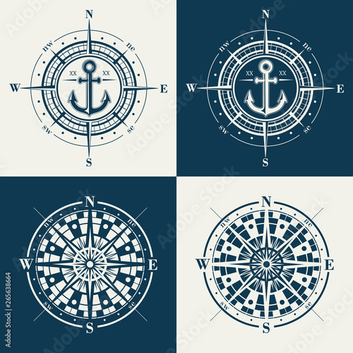 Photography Set of isolated marine wind roses silhouettes