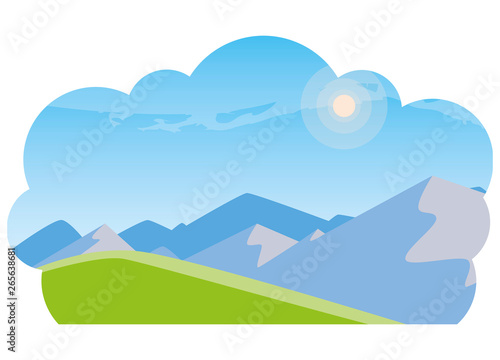 field camp and mountains landscape scene