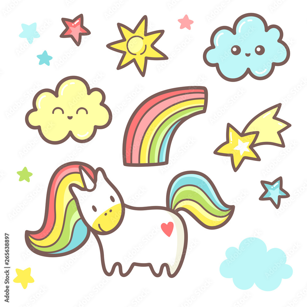 Set with cute unicorn graphic. Rainbow, cloud, stars and comet.