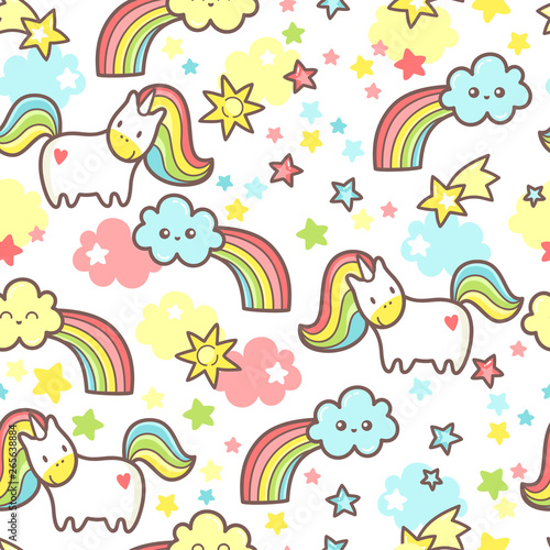 Seamless magic pattern with cute kawaii unicorn, rainbows, stars and clouds.