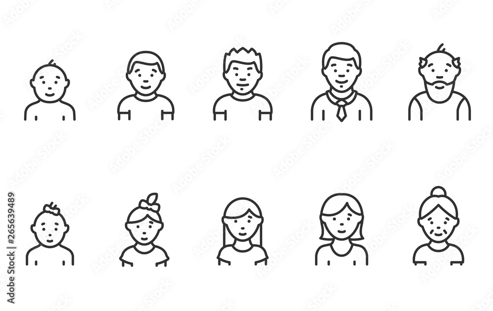Lifecycle from birth to old age, icon set. People of different ages, male and female, linear icons. Childhood to old age. Life cycle. Line with editable stroke