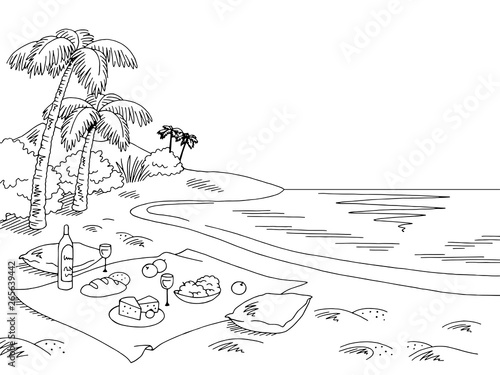 Picnic sea coast graphic black white landscape sketch illustration vector