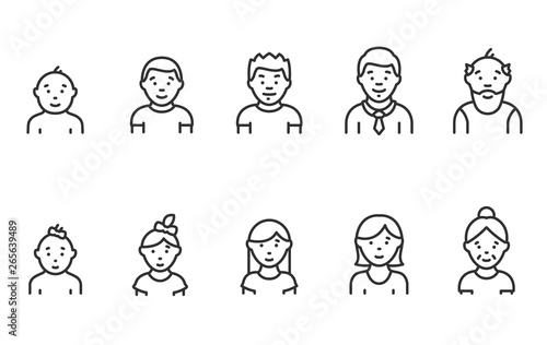 Lifecycle from birth to old age, icon set. People of different ages, male and female, linear icons. Childhood to old age. Life cycle. Line with editable stroke