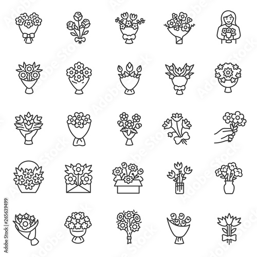 Bouquet of flowers, icon set. Flower bouquets, linear icons. Making, packaging, delivery, and present of flowers. Line with editable stroke photo