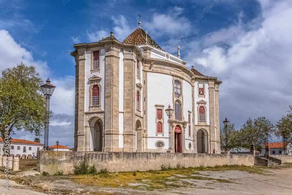 Full panoramic view of the classic baroque building, Lord Jesus da Pedra Sanctuary, Catholic religious building in Obidos, Portugal