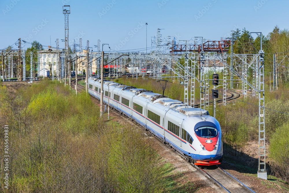 Fototapeta premium Modern high-speed train moves through the station at spring morning time.