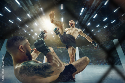 Scare of death. Two professional fighters posing on the sport boxing ring. Couple of fit muscular caucasian athletes or boxers fighting. Sport, competition and human emotions concept.
