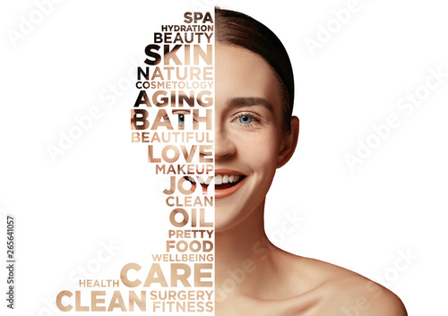 Beauty woman face portrait. Beautiful female model with perfect clean skin isolated on white studio background. Concept of wellness, fitness, skincare, cosmetics, dermatology and healthy lifestyle.